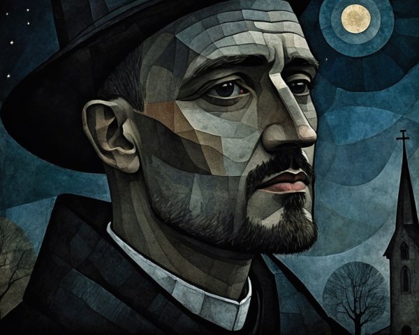 Stylized Portrait of a Somber Man in Night Sky