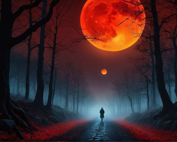 Eerie Forest Path Under Red Moons and Fog