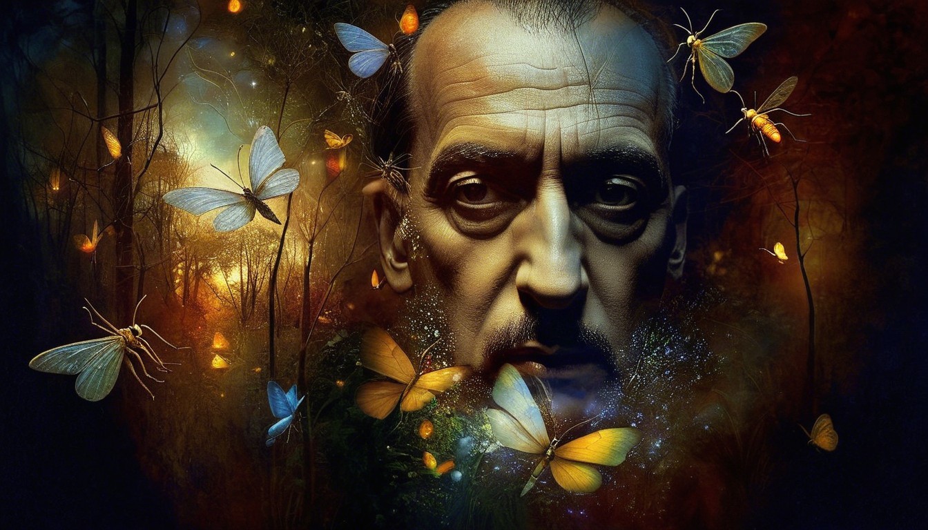 Expressive Portrait of a Man with Butterflies in Forest