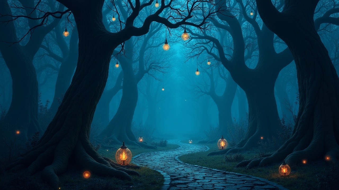 Mystical forest with blue mist and glowing lanterns