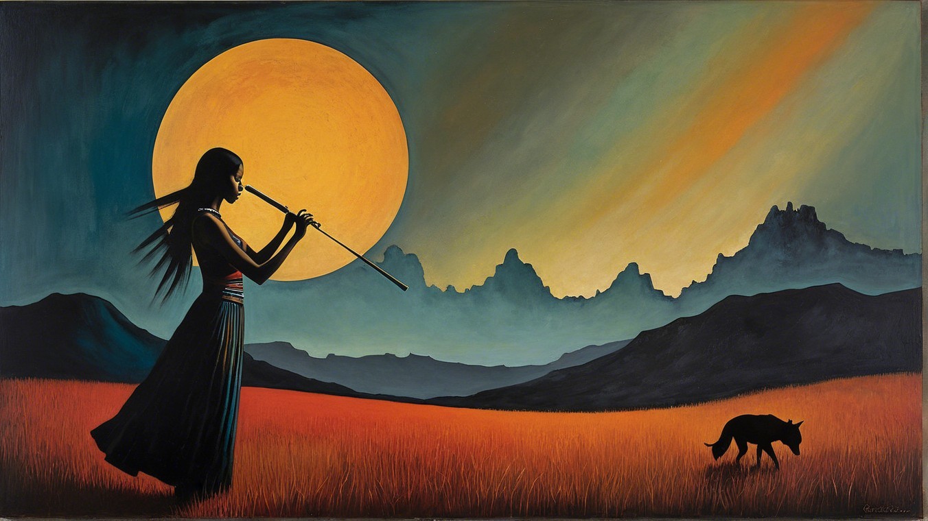 Flute Player Silhouette at Sunset with Moon and Cat