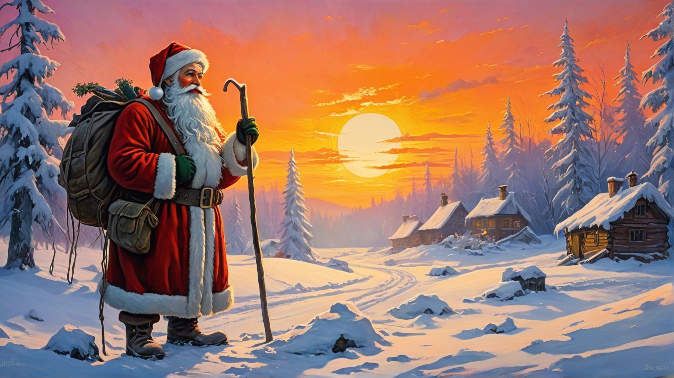 Santa Claus in Snowy Landscape at Sunset