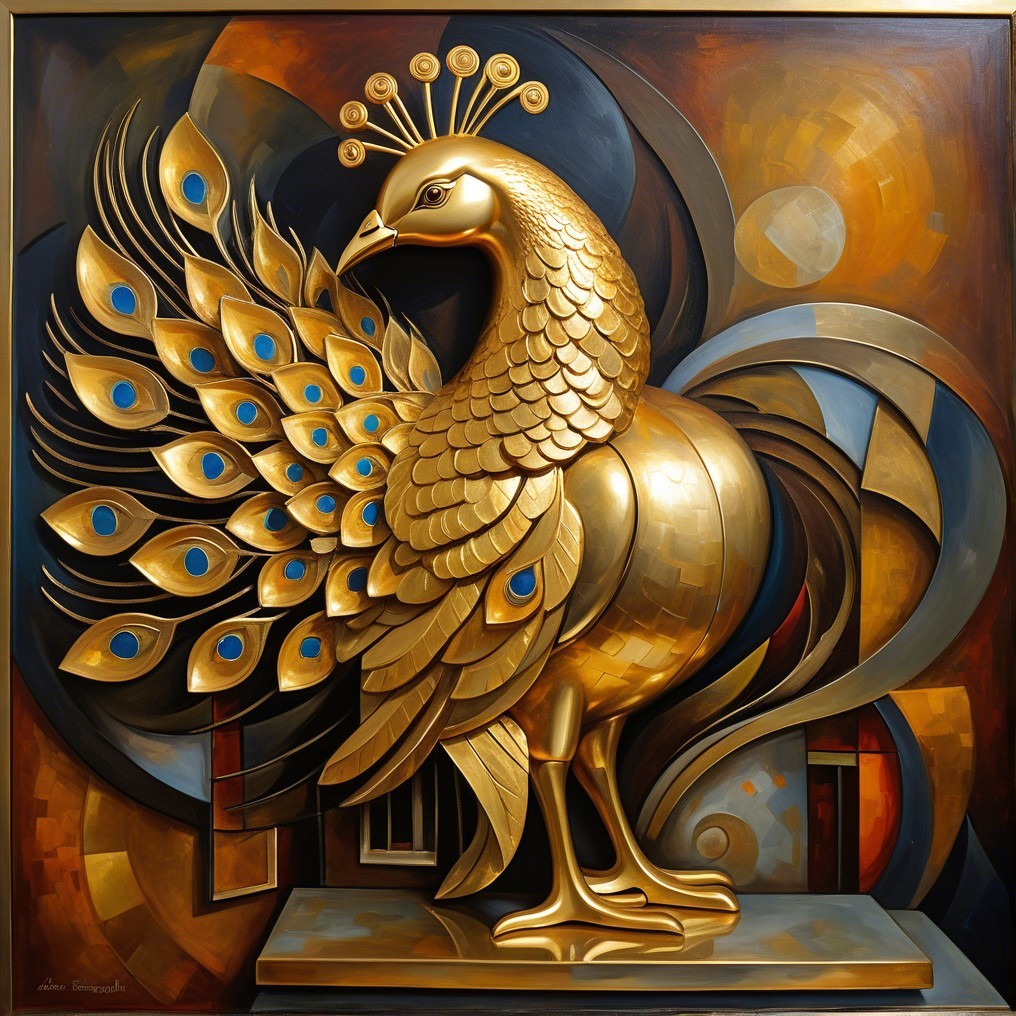 Abstract Golden Peacock with Vibrant Blue Feathers