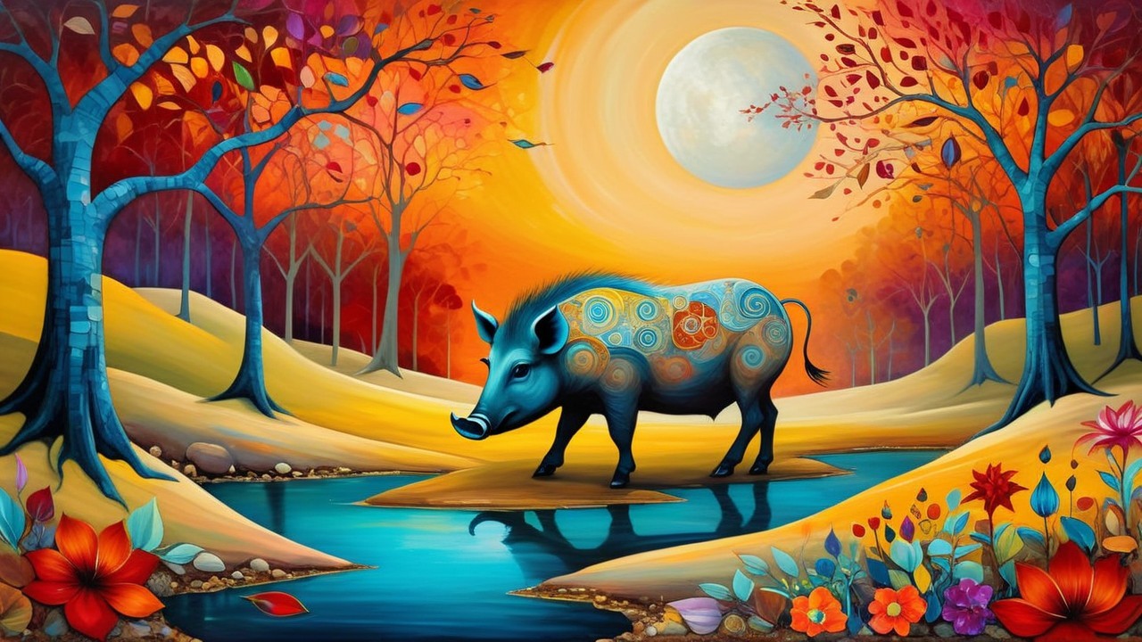Surreal Landscape with Colorful Boar and River
