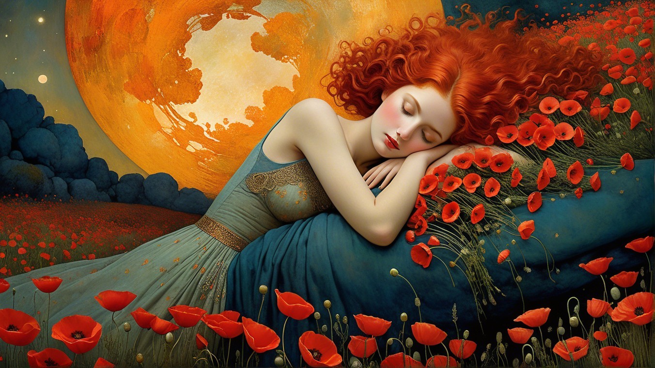 Woman with Red Curls in Poppy Field at Night