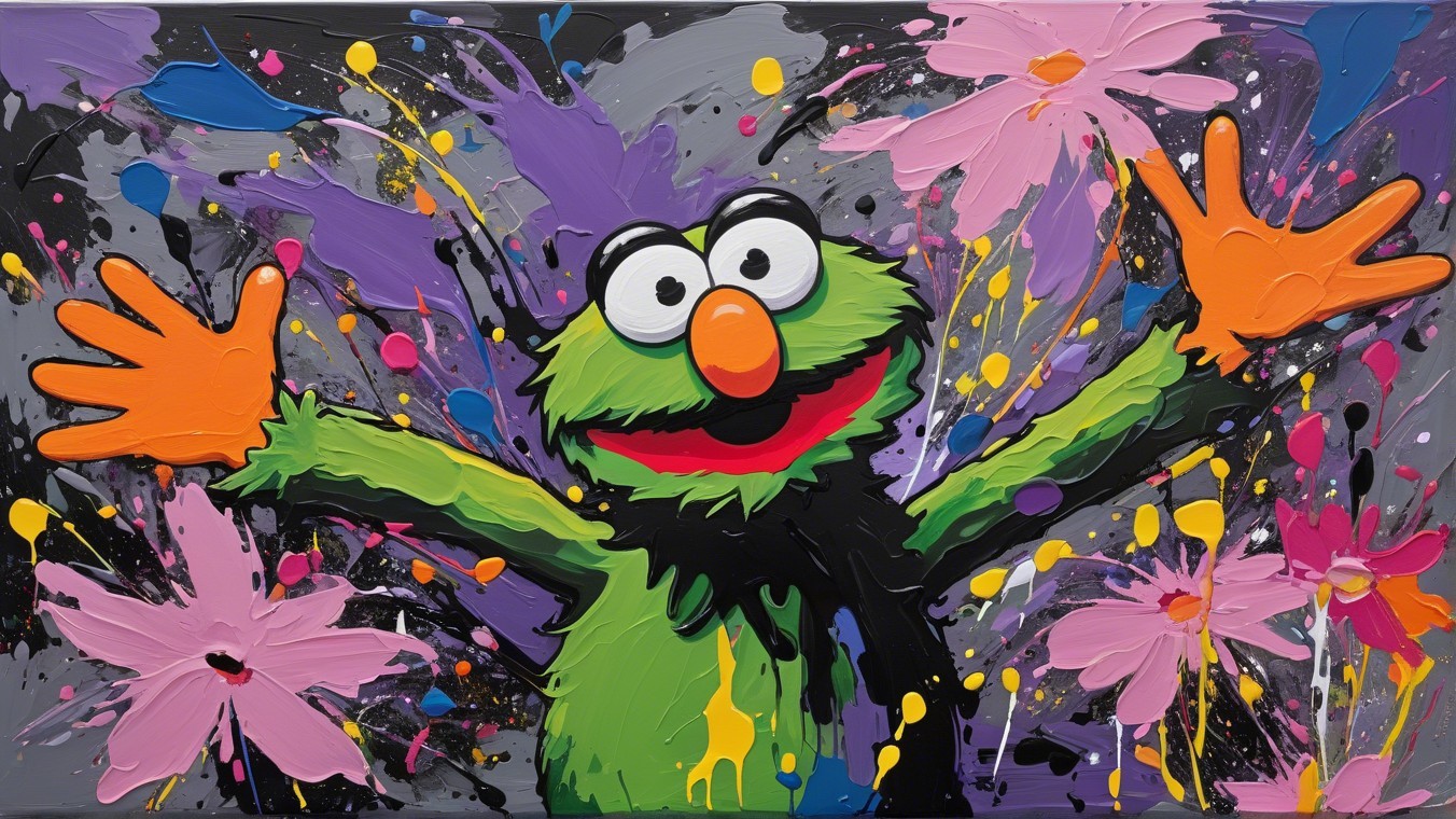 Colorful Painting of Cheerful Green Character with Flowers