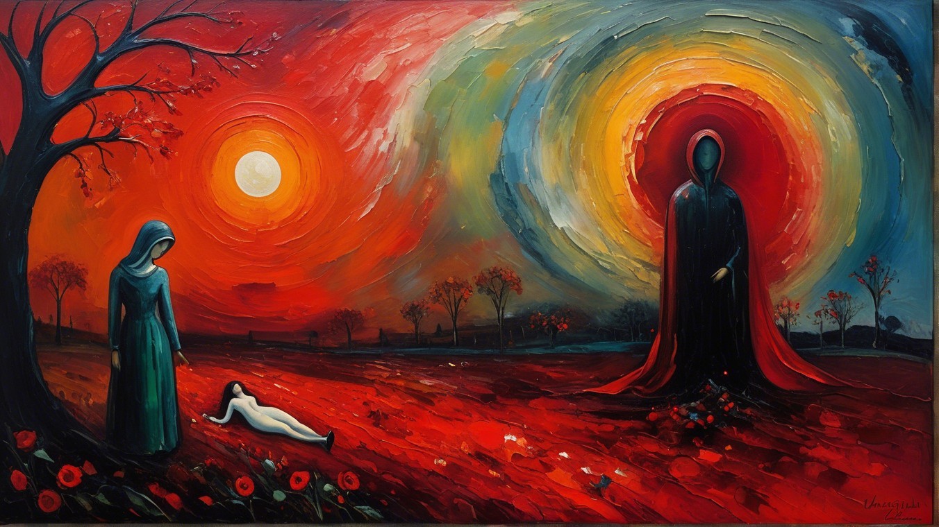 Surreal Landscape with Vibrant Colors and Figures