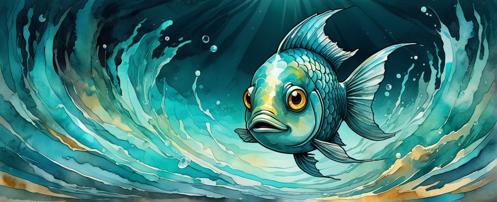 Whimsical Blue Fish in Colorful Waves Illustration