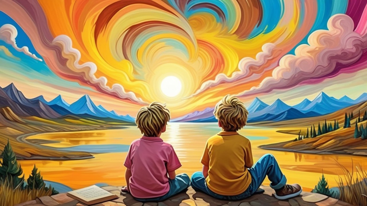 Children Watching Sunset by a Rocky Shoreline