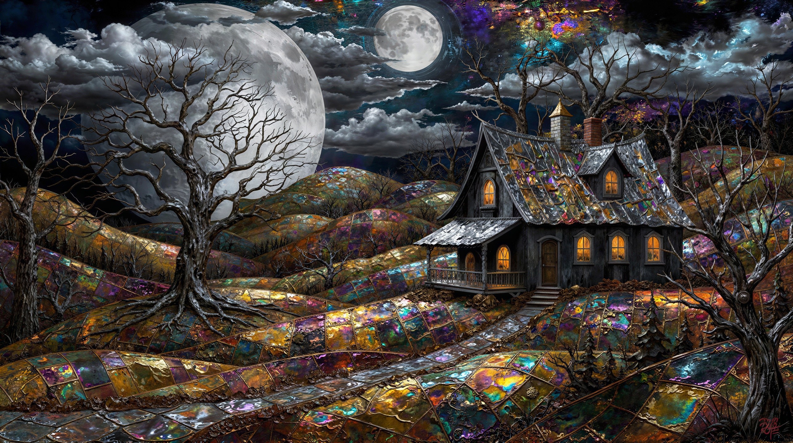 Whimsical Dark Fantasy Cottage Under Full Moon