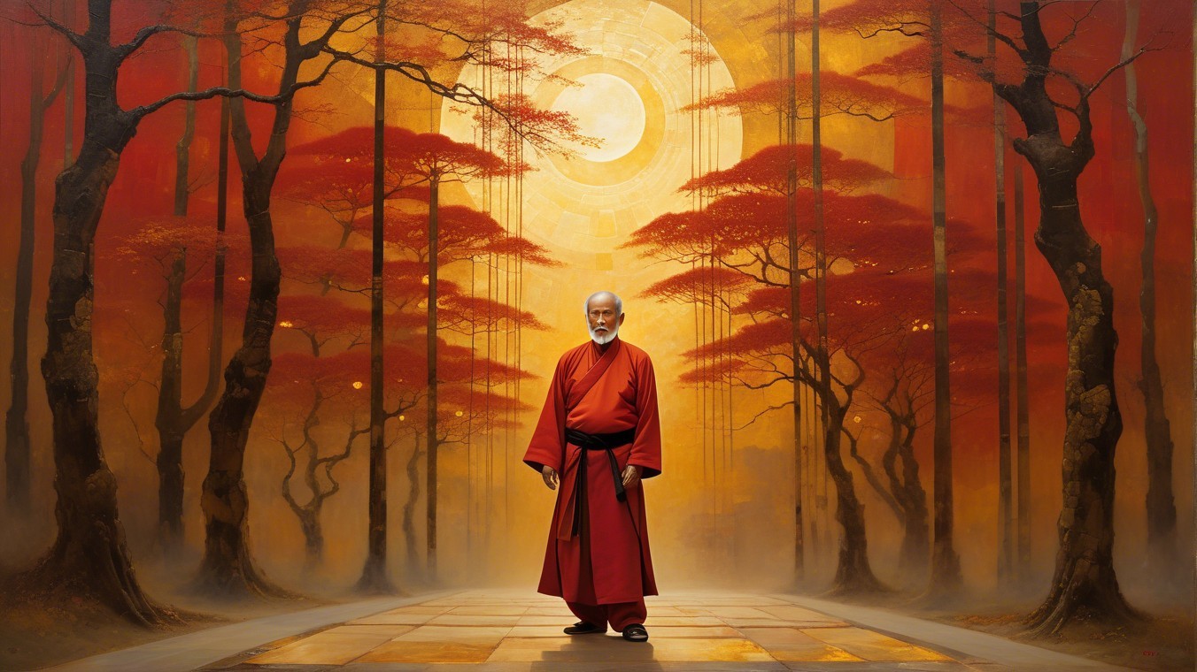 Autumn Landscape with Figure in Red Robe and Symbol