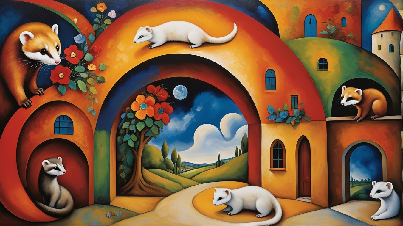 Whimsical Painting of Colorful Buildings and Ferrets