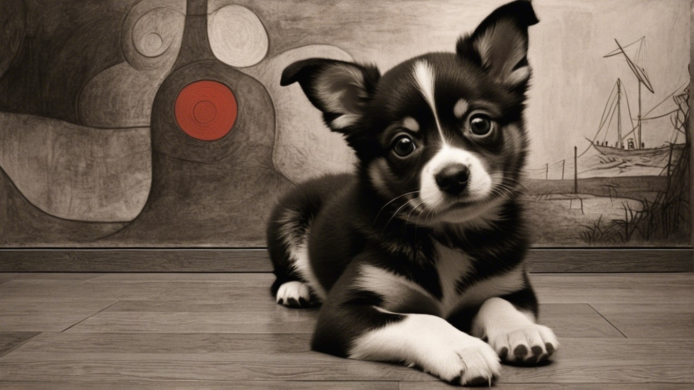 Cute Black and White Puppy on Wooden Floor with Mural