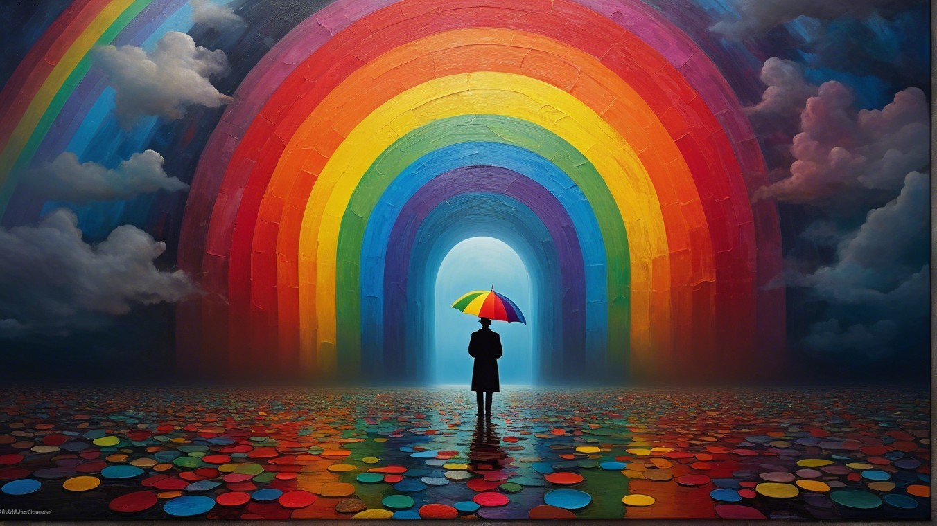 Surreal Landscape with Rainbow and Colorful Umbrella