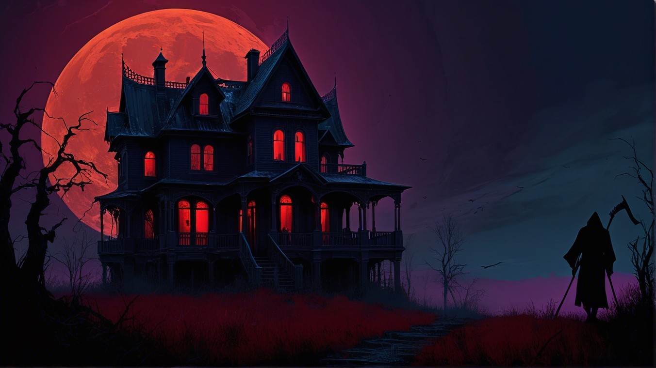 Gothic Mansion Under Blood-Red Moon with Skeletal Figure