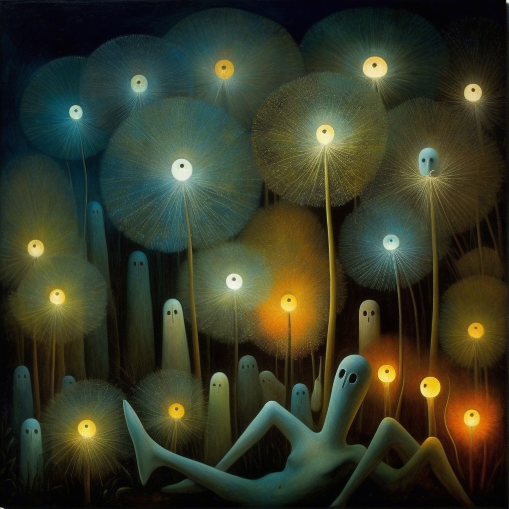 Ghostly Figures Among Glowing Dandelion Flowers