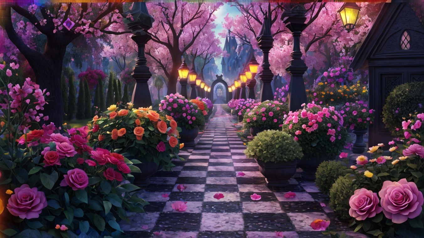 Vibrant Flower-Lined Garden Path with Lanterns