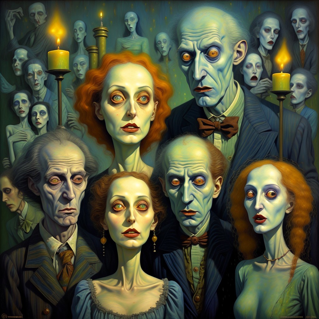 Eerie Group Portrait with Ethereal Figures and Shadows