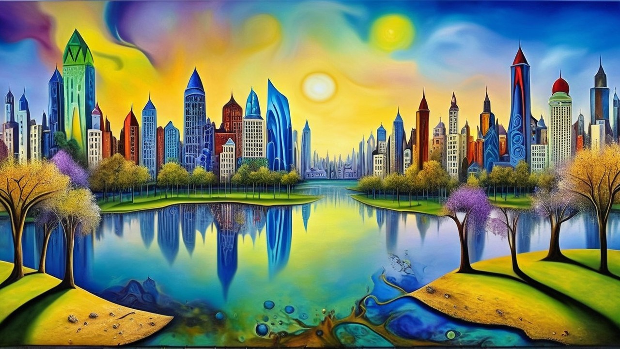 Surreal City Skyline Reflected in Calm Lake