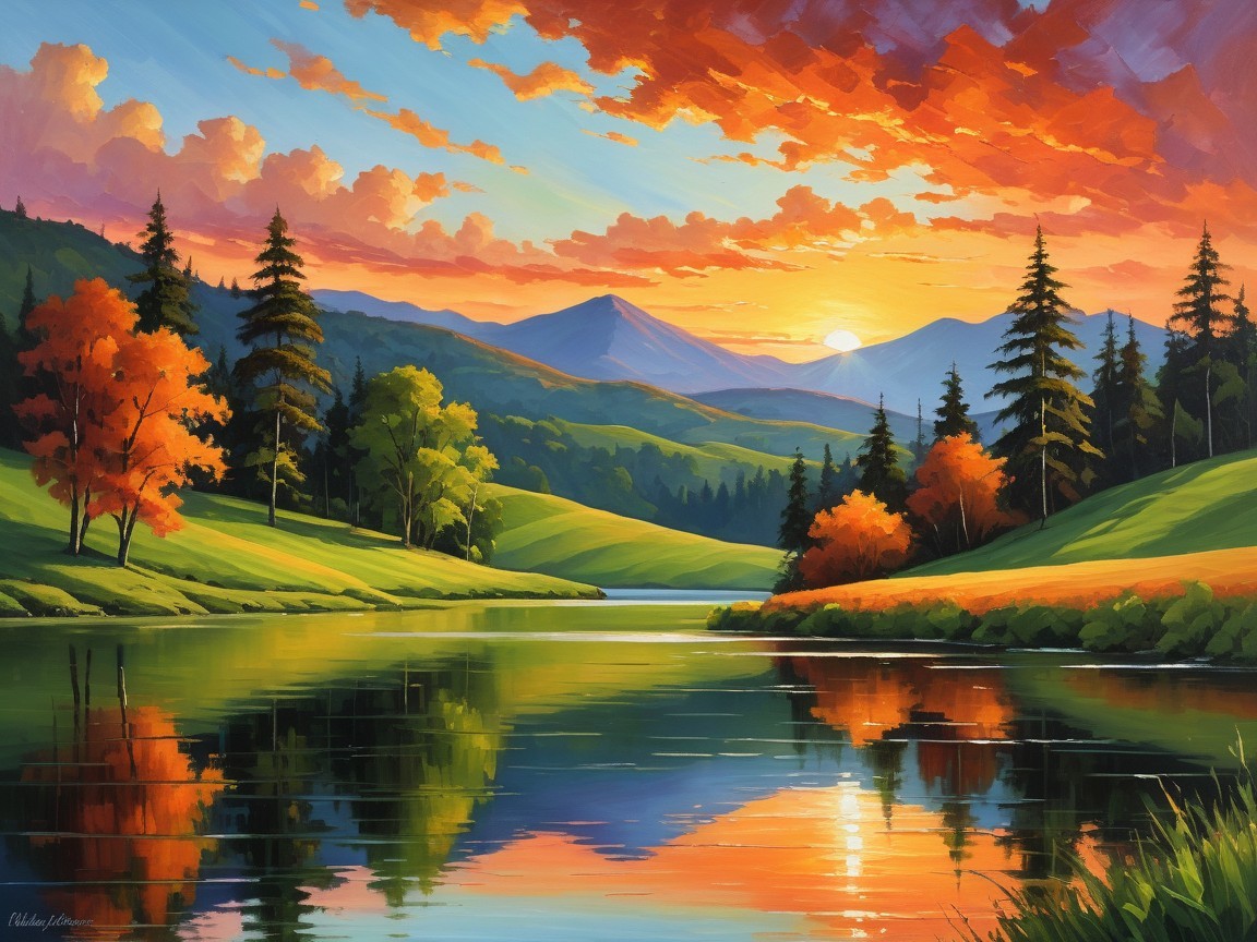 Vibrant Sunset Over Serene Lake and Lush Hills