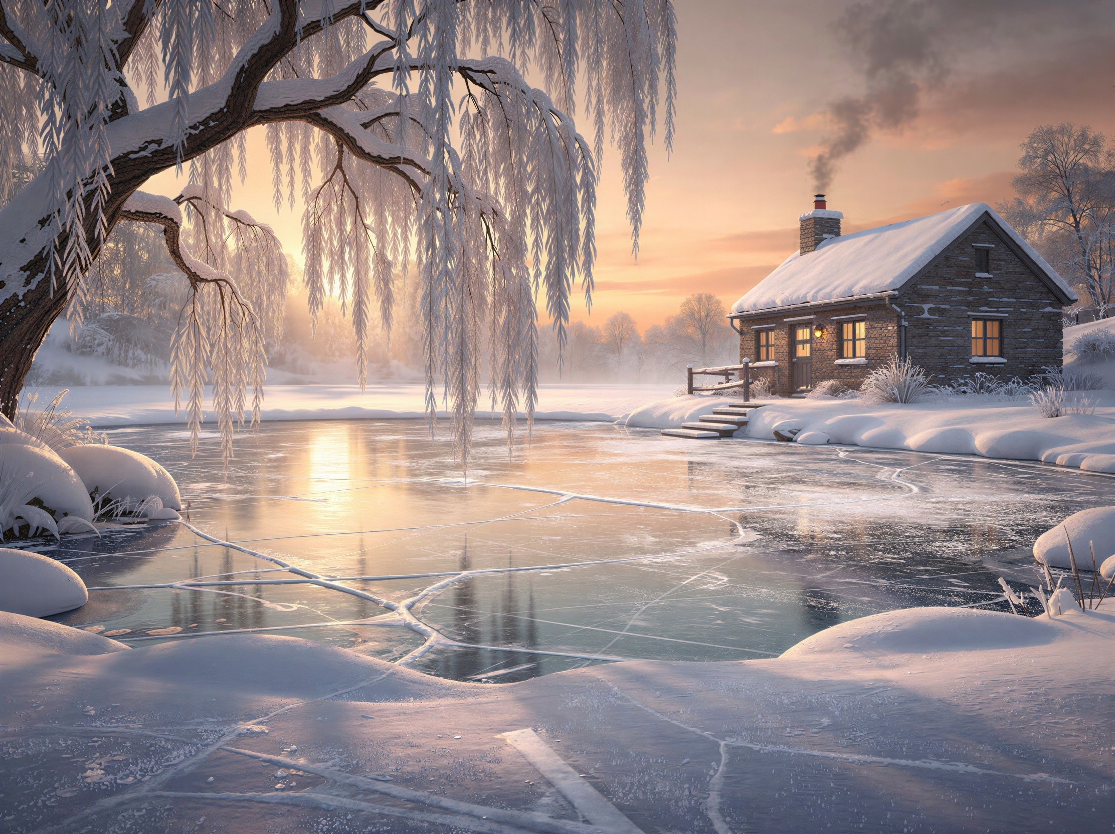 Winter Landscape with Stone House and Sunset Glow