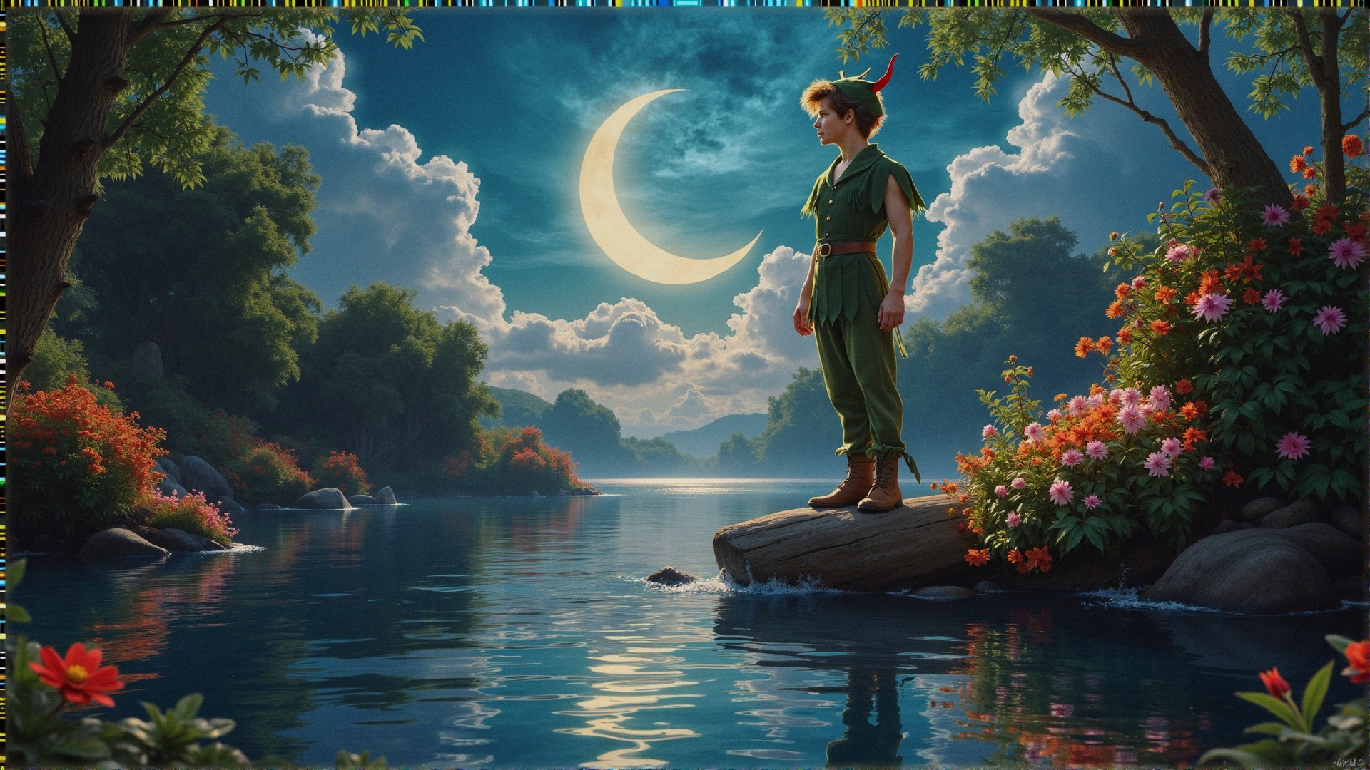 Whimsical Boy in Green by a Serene River at Night