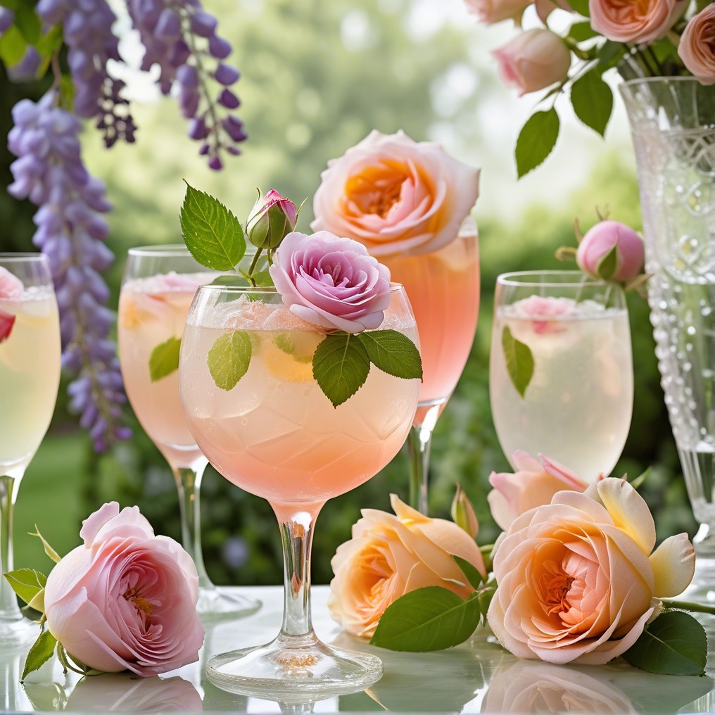Elegant Glassware with Cocktails in a Serene Garden