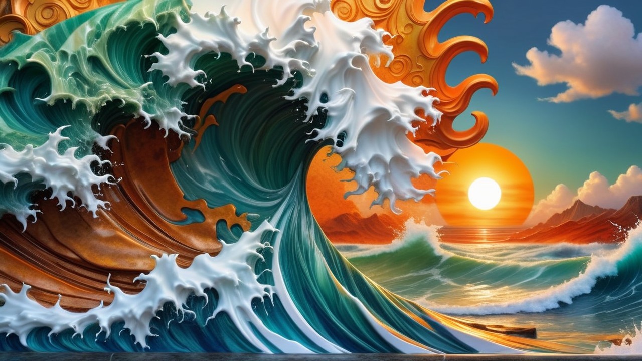 Ocean Wave with Sunset and Mountain Landscape Details
