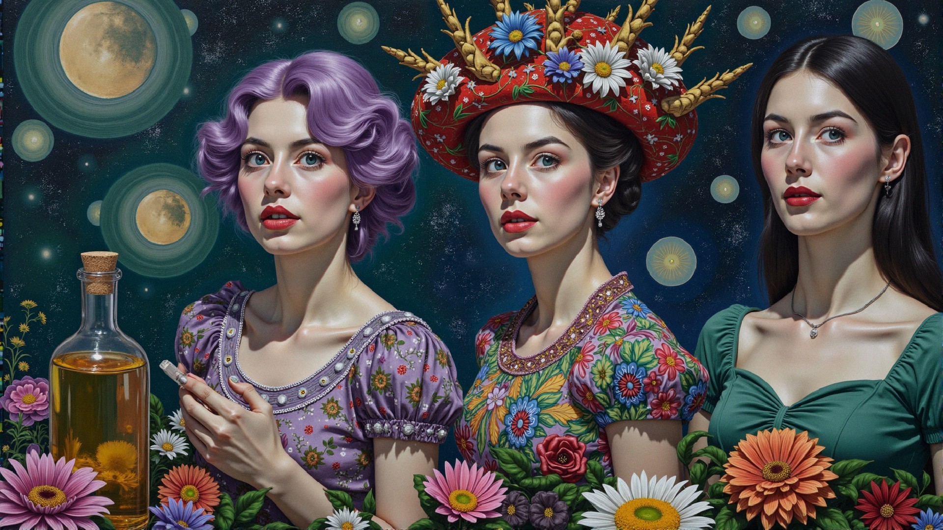Three Women in Elegant Attire Against a Starry Night