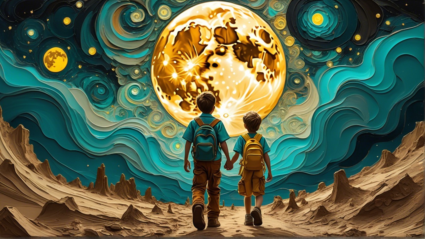Children Exploring a Dreamlike Moonlit Landscape
