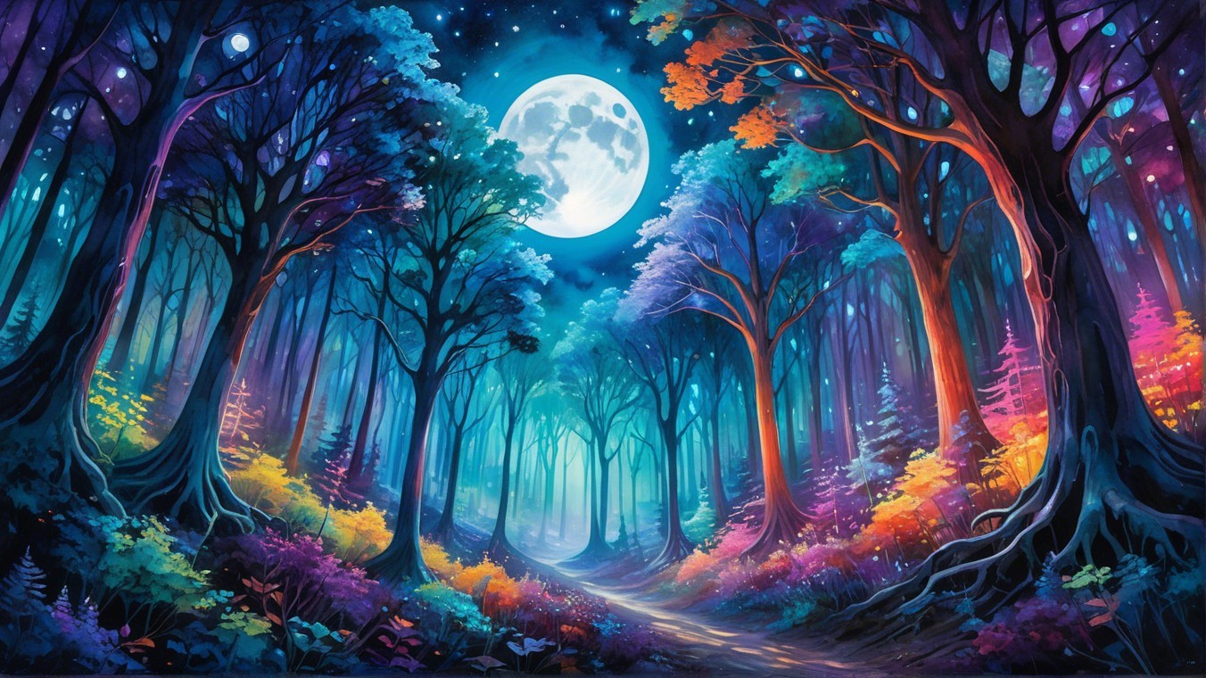 Enchanted Forest Scene Under a Full Moon