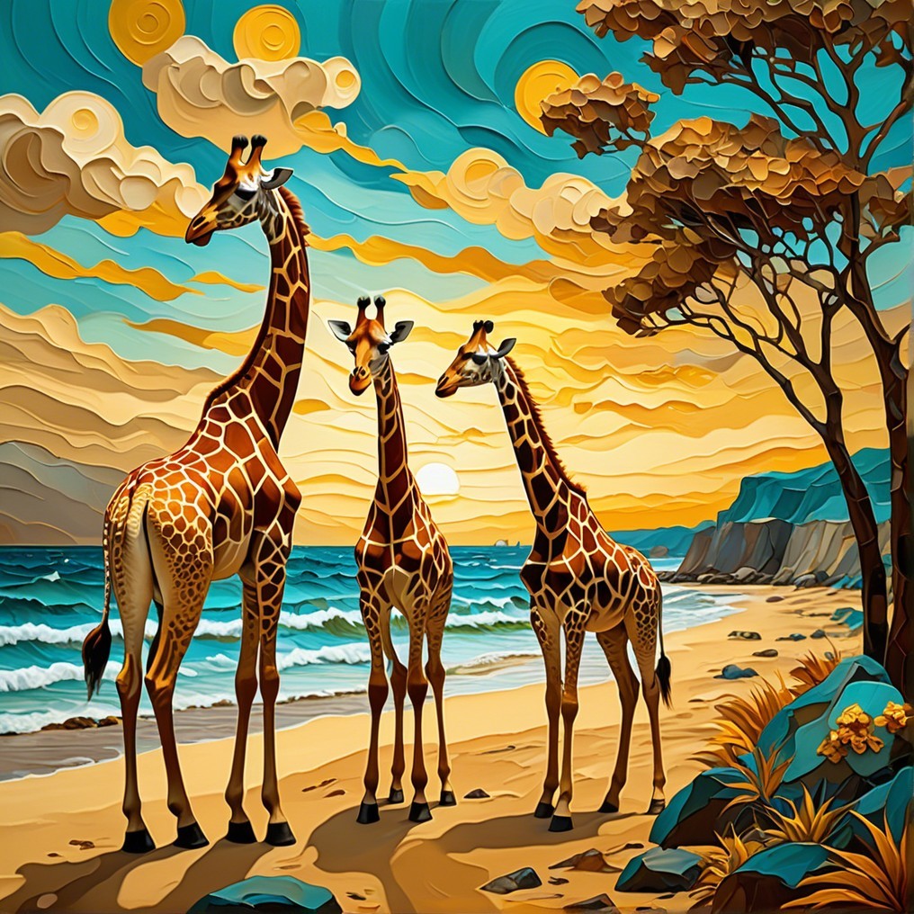 Giraffes Silhouetted on a Beach at Sunset