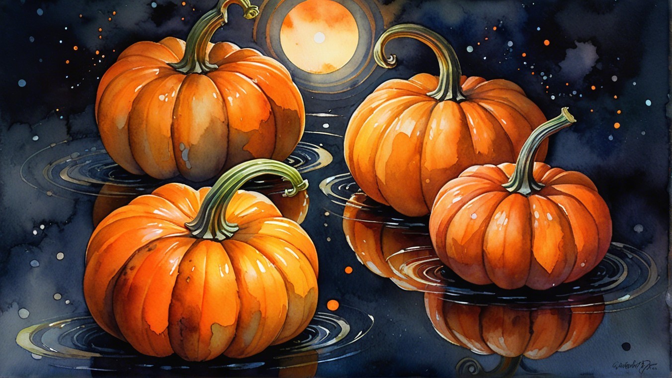 Vibrant Pumpkins on Dark Water Under Full Moon