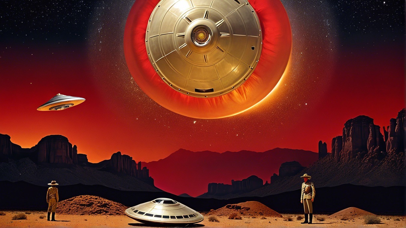 Surreal Desert Landscape with Flying Saucers and Figures