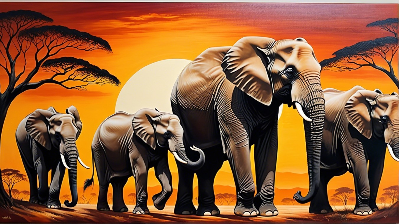 Golden Sunset Over Elephants in African Savanna