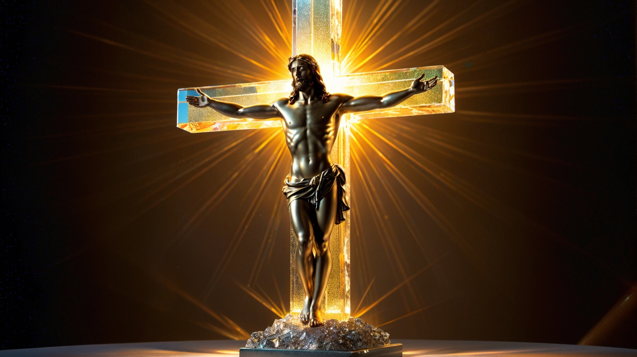 Illuminated Cross with Christ Figure in Golden Light