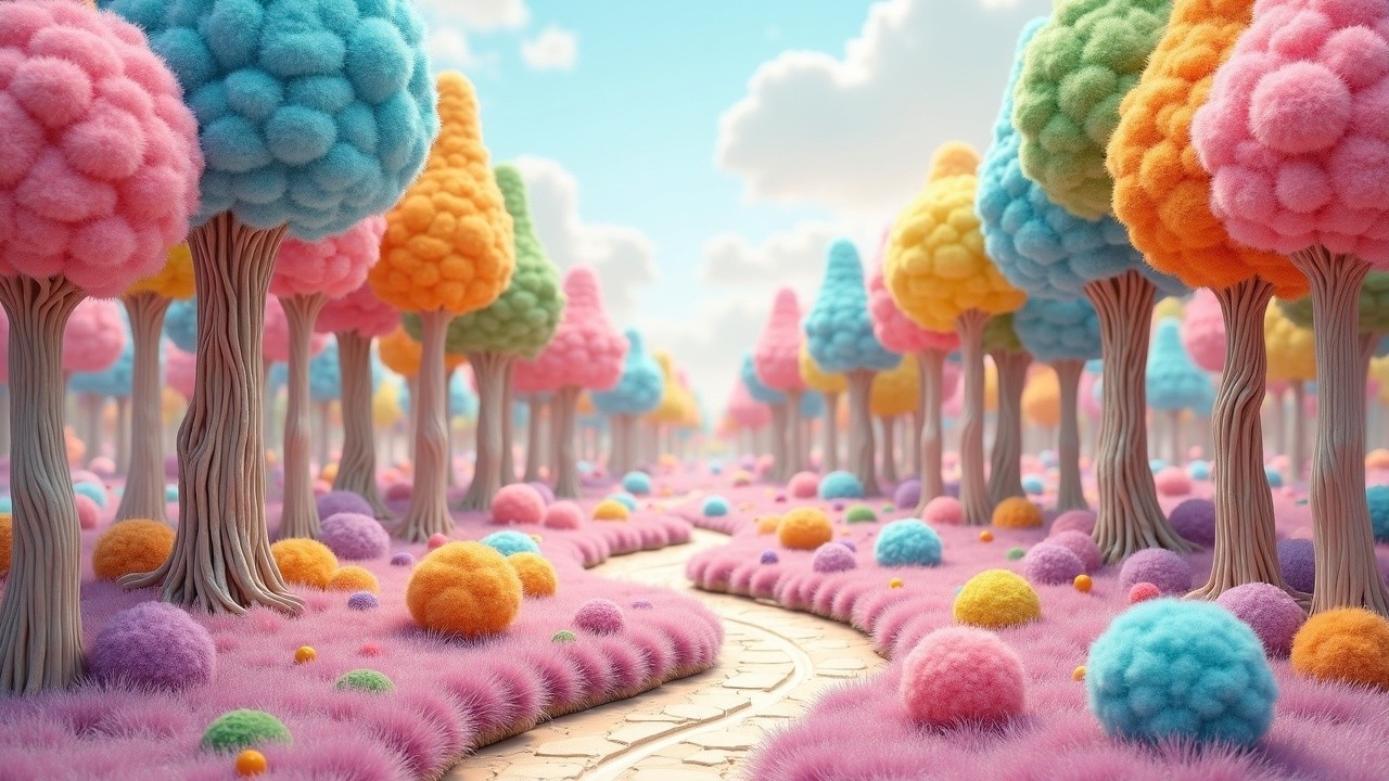 Whimsical Landscape with Colorful Trees and Soft Grass