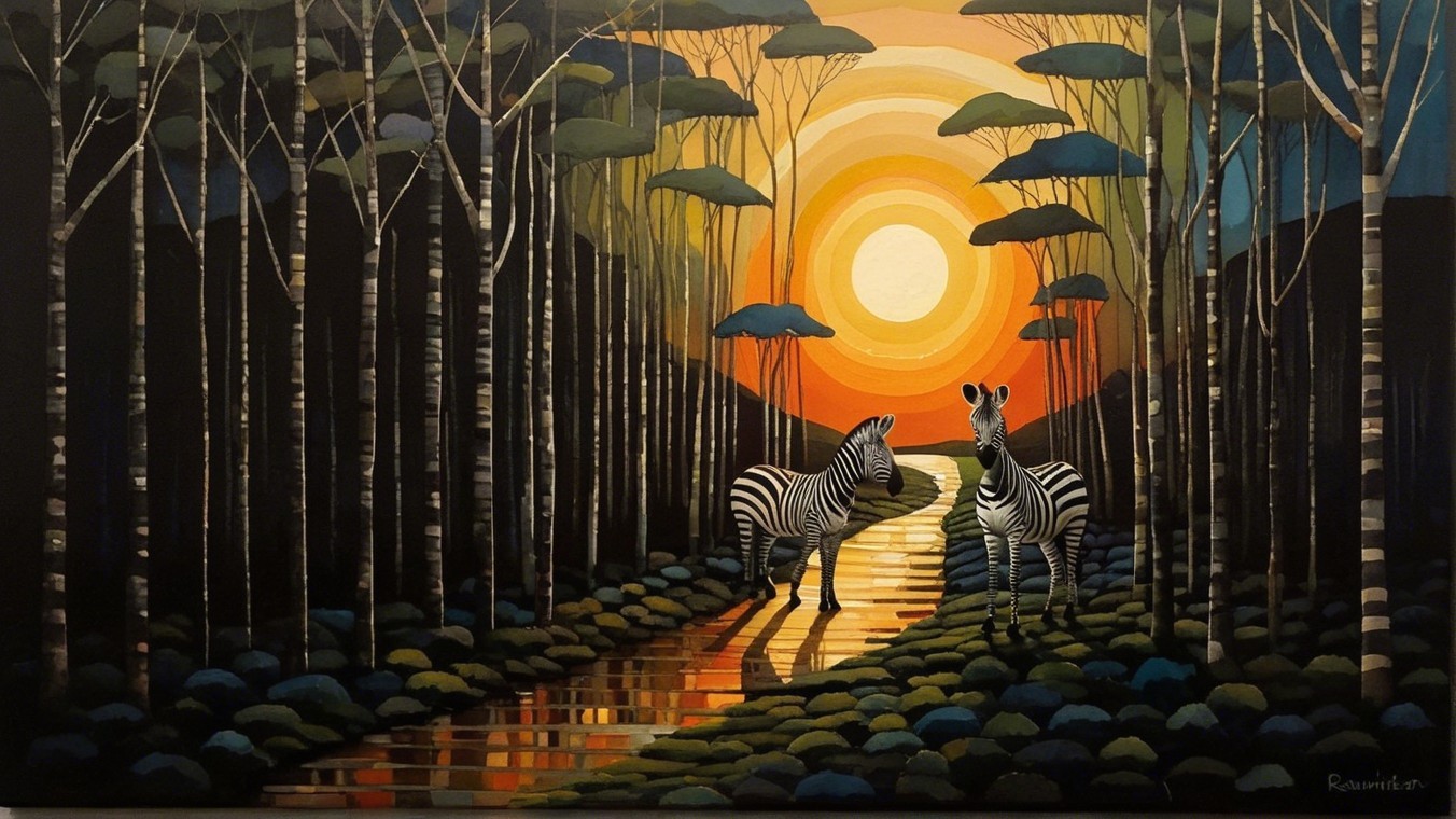 Zebras on a Winding Path at Sunset in a Forest