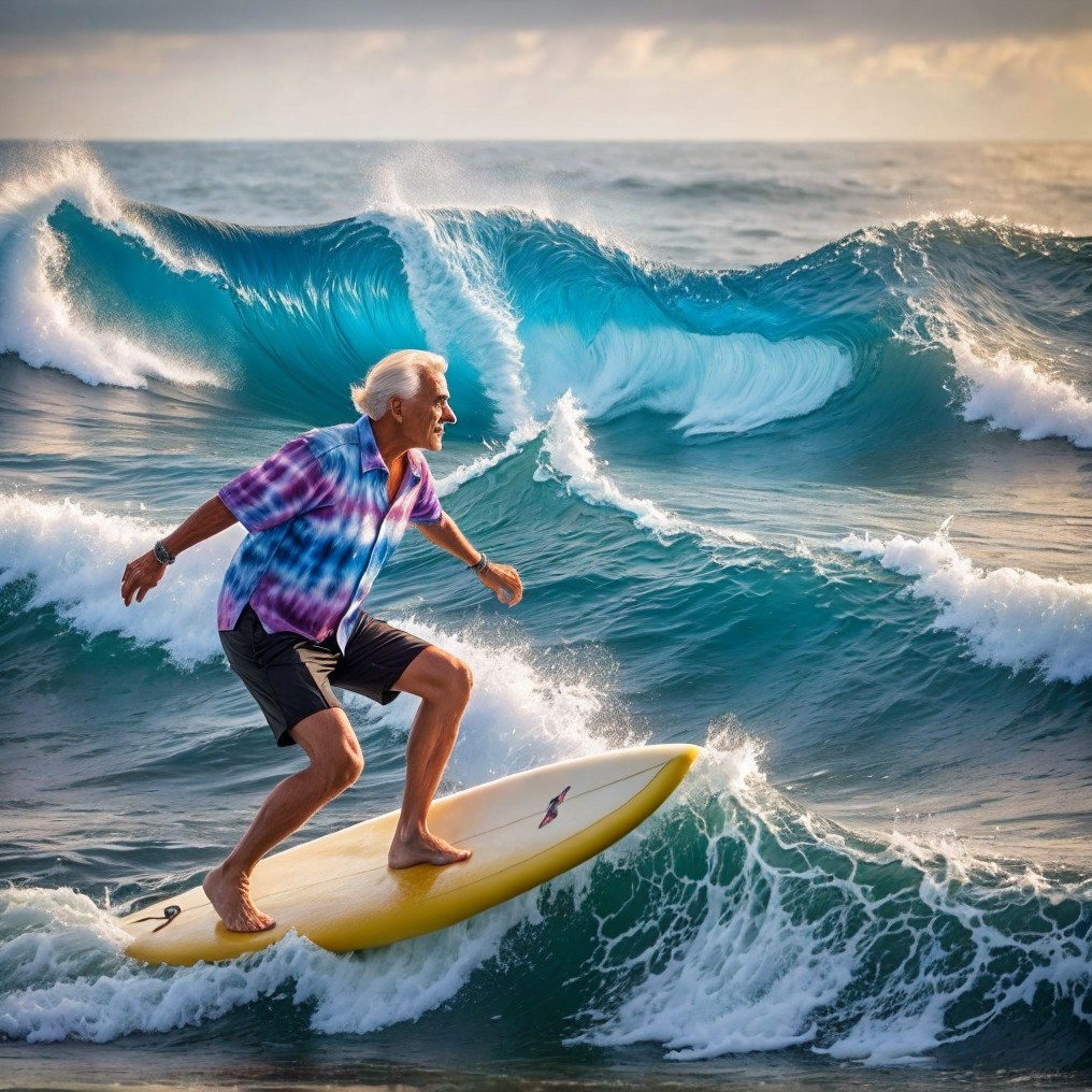 Surfer on Turquoise Wave at Dawn with Vibrant Sky
