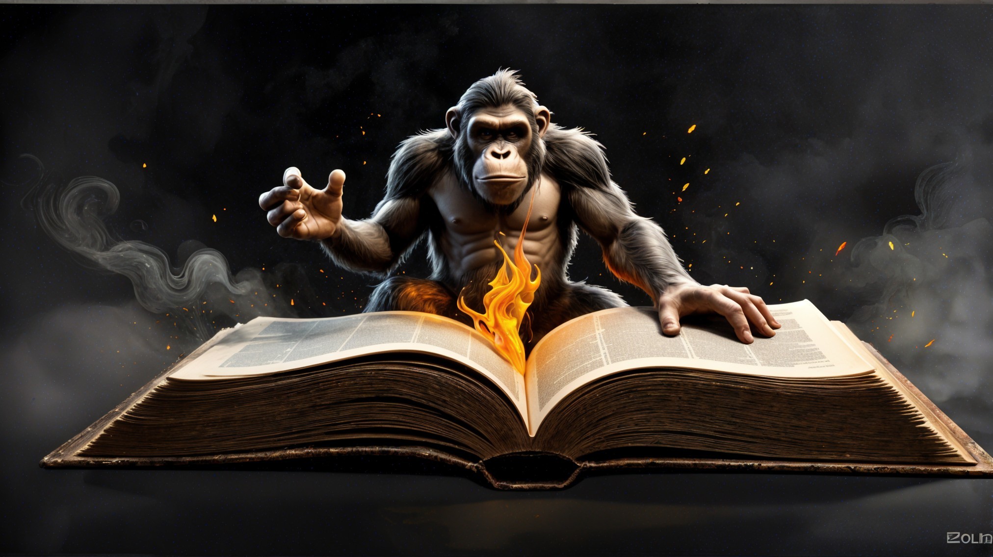 Muscular Gorilla Emerges from Flaming Book Scene