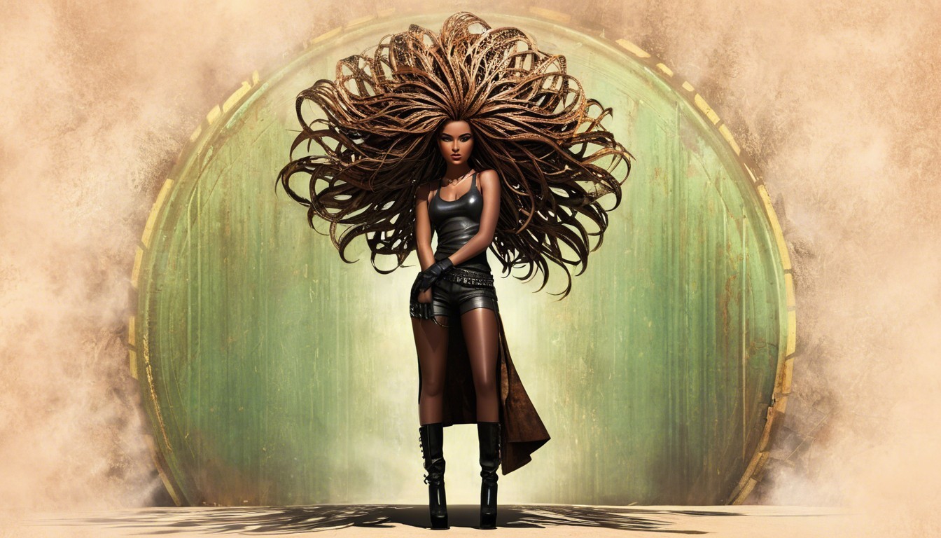 Confident Woman in Stylish Outfit Against Circular Backdrop