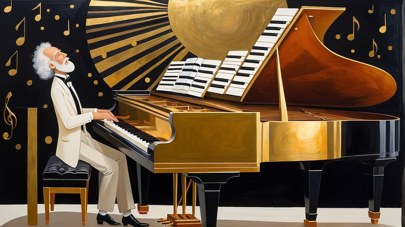 Distinguished Man in White Suit Playing Grand Piano