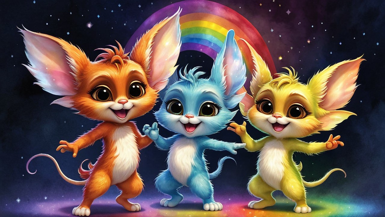 Charming Animated Creatures with Rainbow Background