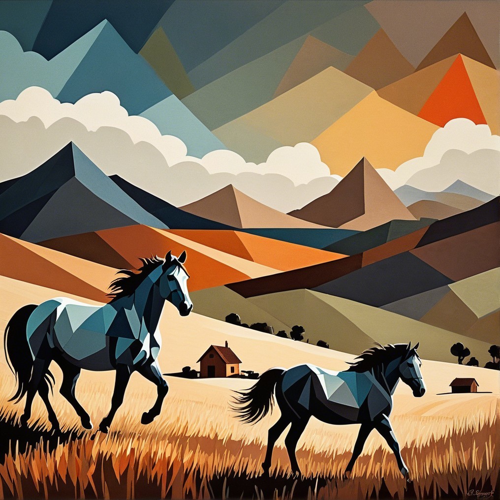 Stylized Horses in a Golden Grassy Landscape