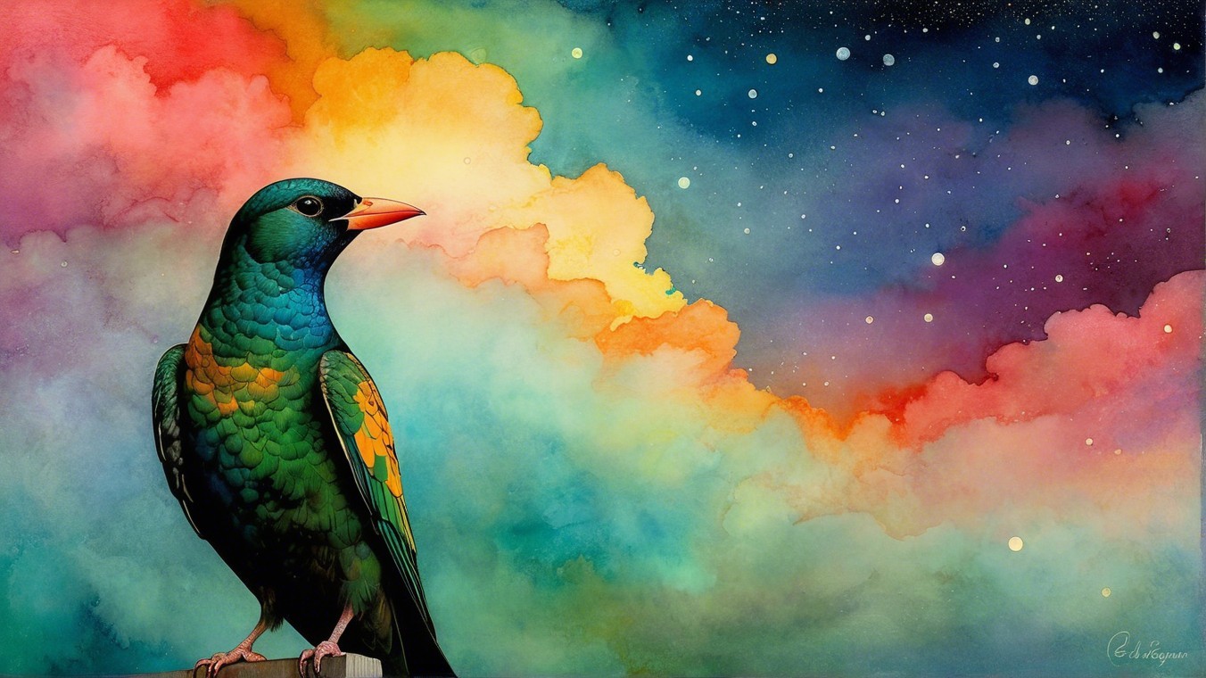 Vibrant Bird Against Cosmic Colorful Backdrop