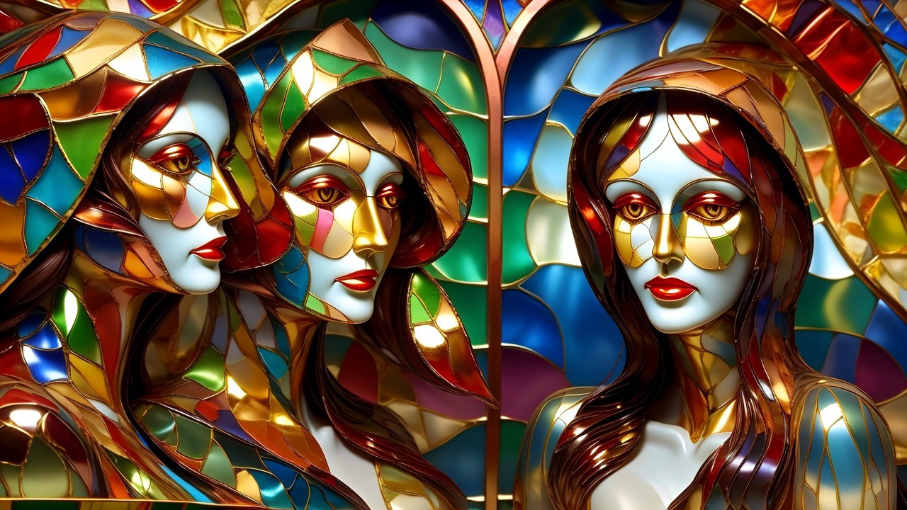 Stained Glass Artwork with Three Female Faces