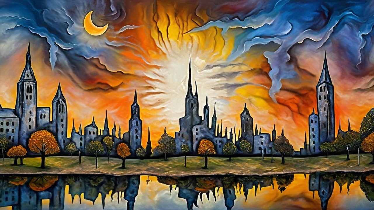Surreal Skyline at Sunset with Reflections and Trees