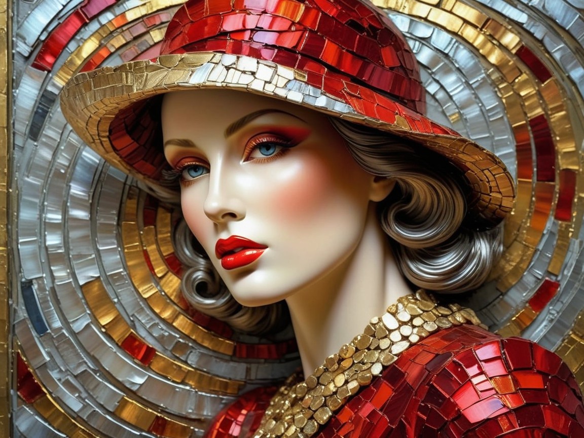 Mannequin in Vibrant Mosaic Outfit with Chic Hat