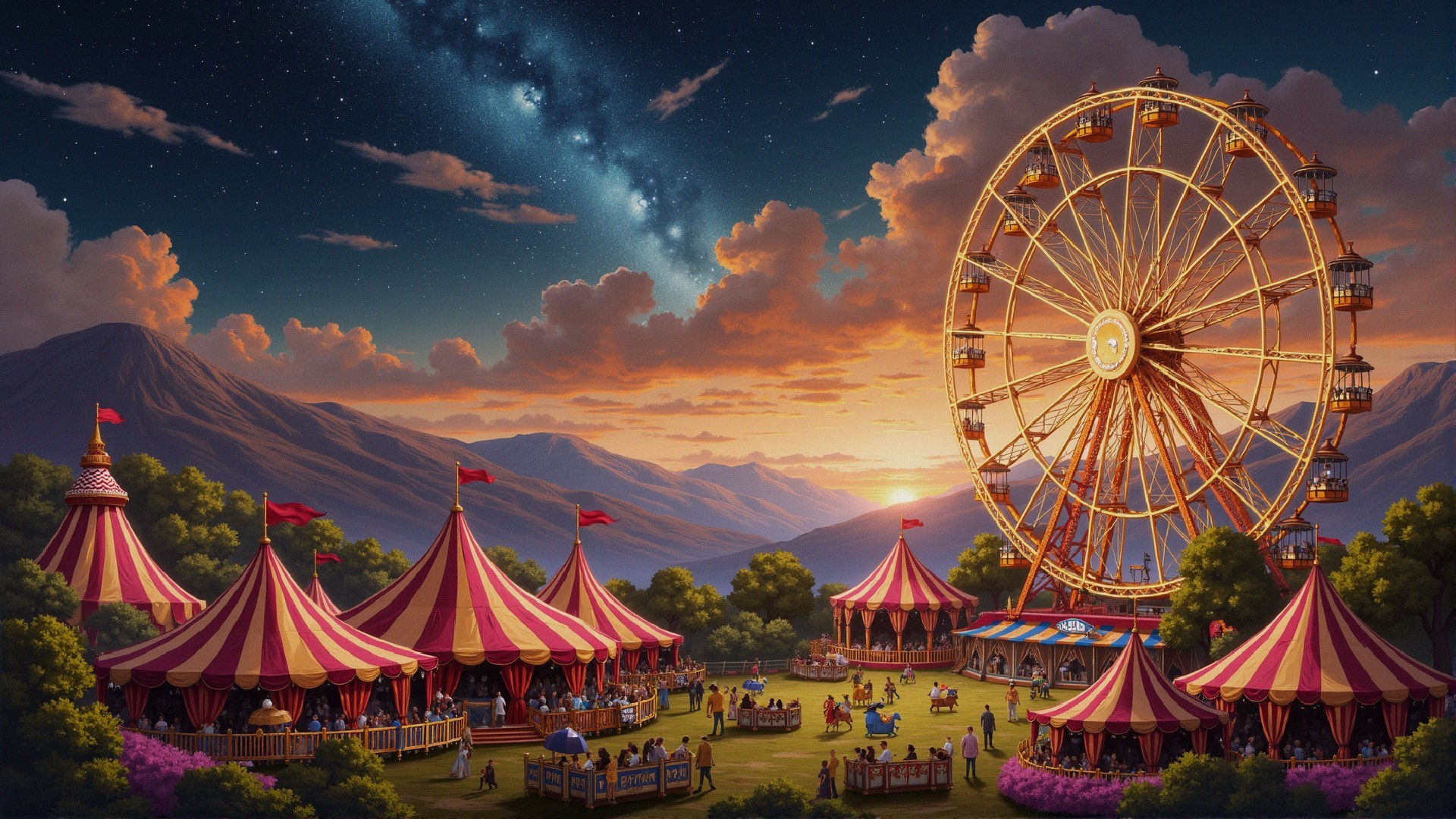 Vibrant Carnival Scene at Dusk with Ferris Wheel