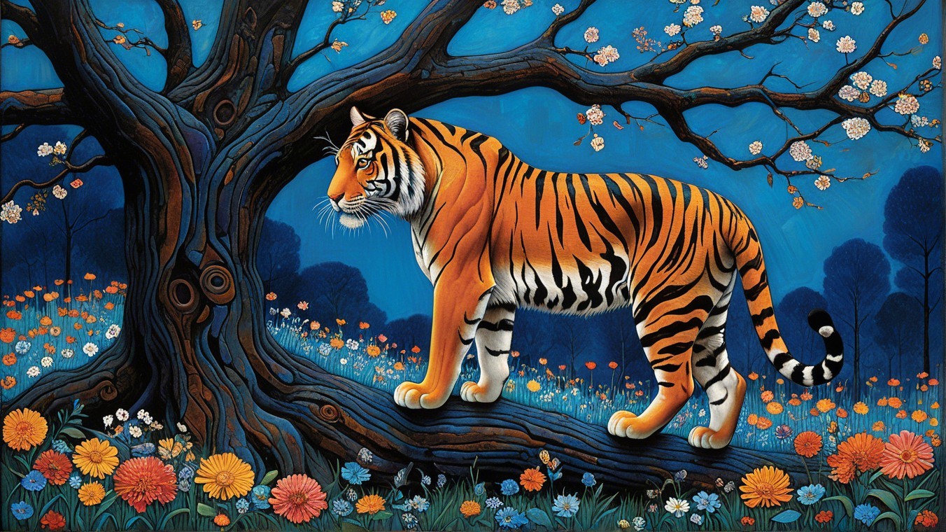Majestic tiger in vibrant floral landscape under blue sky